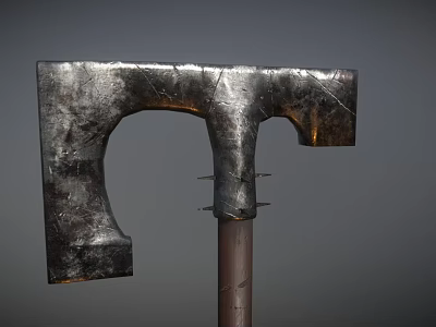 Metallic Battle Axe With Textured Worn Surface And Heavy Wooden Handle 3d model