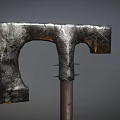 Metallic Battle Axe With Textured Worn Surface And Heavy Wooden Handle