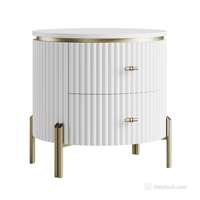 White Ribbed Bedside Table With Two Drawers Gold Handles And Round Top 3d model 