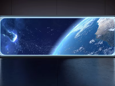 Large Display Showing Earth With Blue Oceans Starry Space Meteor And White Clouds 3d model