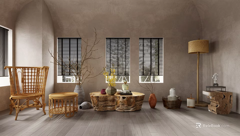 Modern Console Table And Side Cabinet In Neutral Toned Entryway With Wicker Chair And Blinds 3d model 
