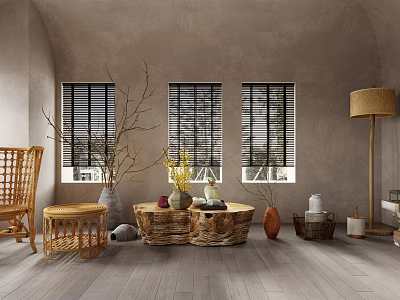 Modern Console Table And Side Cabinet In Neutral Toned Entryway With Wicker Chair And Blinds 3d model