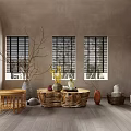 Modern Console Table And Side Cabinet In Neutral Toned Entryway With Wicker Chair And Blinds