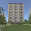 High Rise Modern Residential Building Surrounded By Green Lawn And Trees