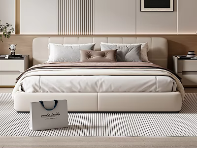 Cream Double Bed with Pillows Striped Rug Nightstands and White Handbag Against Vertical Striped Wall 3d model