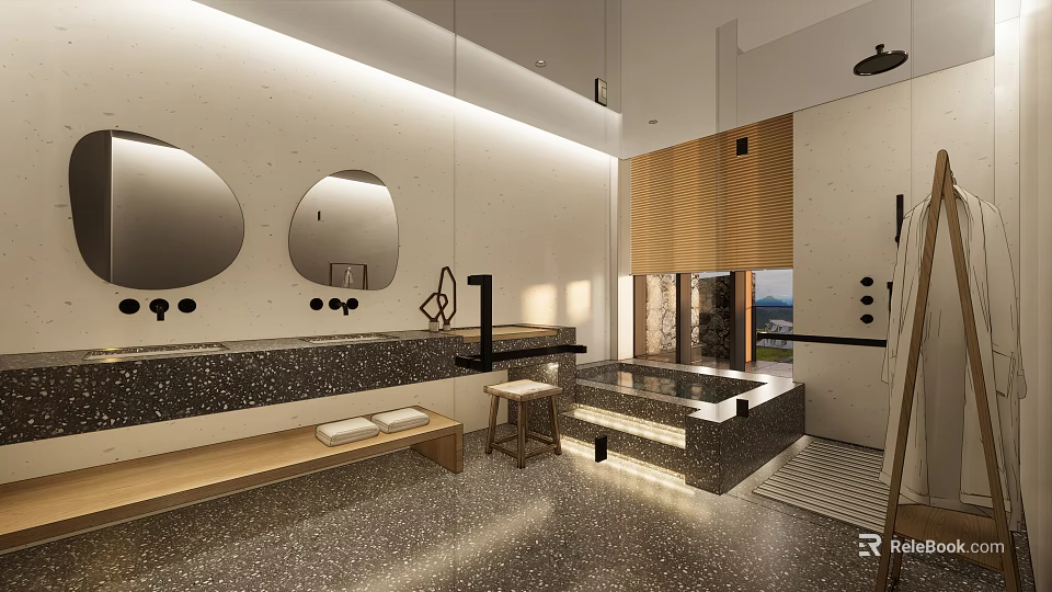 Modern Bathroom Interior With Double Mirrors Terrazzo Vanity Bathtub And Scenic View 3d model 