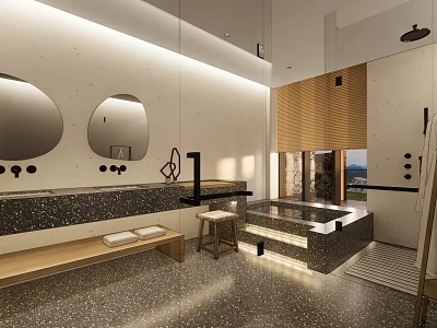 Modern Bathroom Interior With Double Mirrors Terrazzo Vanity Bathtub And Scenic View 3d model