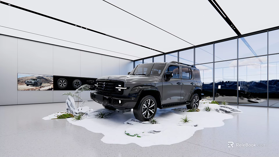Modern Car Showroom Featuring Gray SUV With Large Windows White Ceiling Decorative Snow And Plants 3d model 