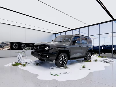 Modern Car Showroom Featuring Gray SUV With Large Windows White Ceiling Decorative Snow And Plants 3d model