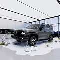 Modern Car Showroom Featuring Gray SUV With Large Windows White Ceiling Decorative Snow And Plants