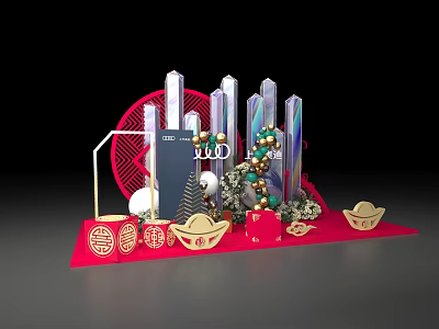 Chinese New Year Decorative Arrangement With Red Base Crystal Pillars Gold Ingots And Fu Characters 3d model