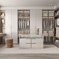 Modern Closet Interior Design With Open Cabinets Hanging Clothes And Drawer Unit