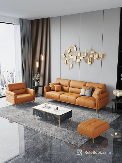 Modern Orange Leather Sofa Set with Marble Coffee Table and Geometric Wall Decor 3d model