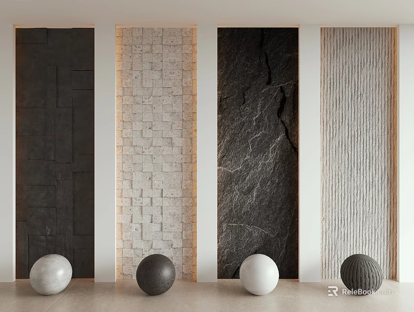 Stone Brick And Slate Textured Background Wall Design With Decorative Spheres 3d model