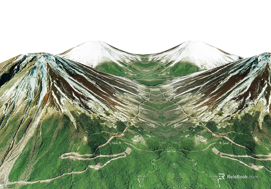 Symmetrical Natural Garden Landscape Featuring Snow Capped Peaks Green Slopes And Winding Paths 3d model 