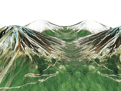 Symmetrical Natural Garden Landscape Featuring Snow Capped Peaks Green Slopes And Winding Paths 3d model