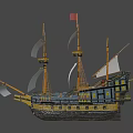 Classic Sailing Ship With Multiple Masts White Sails Wooden Hull And Red Flag 3d model