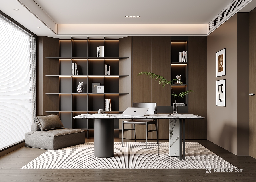 Modern Home Study Room Interior With Wooden Bookshelves And Marble Desk Chair 3d model 