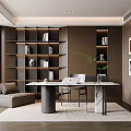 Modern Home Study Room Interior With Wooden Bookshelves And Marble Desk Chair