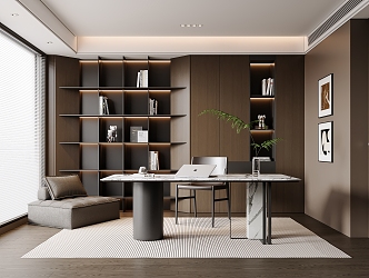 Minimalist Study Desk Bookcase Wardrobe Ornaments Vase Book Single Chair 3d model