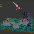 Unicorn Sculpture With Winged Figure Elements On White Platforms And Blue Base 3D Carving Scene