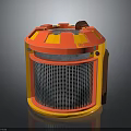 Red And Orange Cylindrical Industrial Equipment With Metal Mesh And Copper Components
