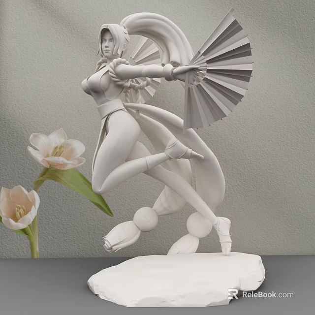 Dynamic Female Figure Sculpture Carving With Fan And White Flowers Beside 3d model 