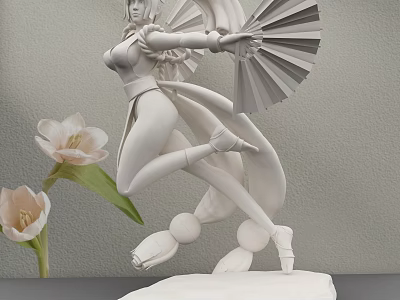 Dynamic Female Figure Sculpture Carving With Fan And White Flowers Beside 3d model
