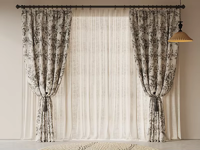 Floral Pattern Draped Curtains With Sheer Layer Tassels And Pendant Lamp For Modern Room 3d model