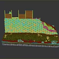 Garden Landscape Model Featuring Stone Retaining Wall Wooden Fence Steps Lush Grass And Stream