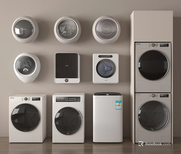 Modern Washing Machines In Various Styles Including Front Load Stackable And Built In 3d model