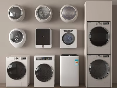 Modern Washing Machines In Various Styles Including Front Load Stackable And Built In 3d model