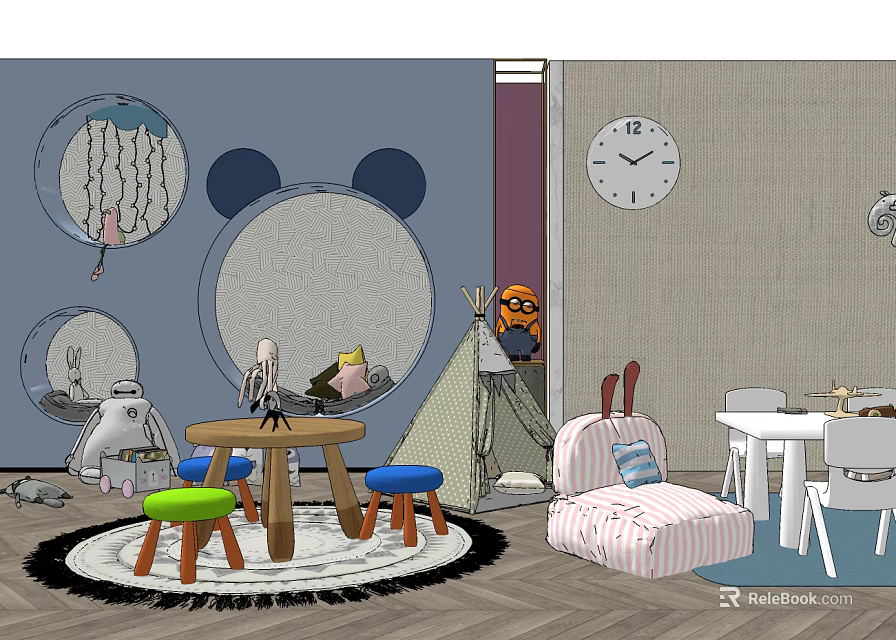Kids Table With Colorful Stools Cartoon Wall Decor Clock Play Tent And Toys 3d model 