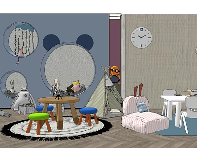 Kids Table With Colorful Stools Cartoon Wall Decor Clock Play Tent And Toys 3d model