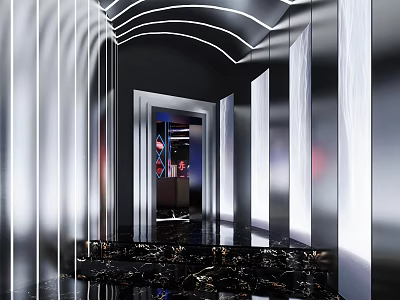 Modern Elegant Store Front Desk With Metallic Texture Marble Floor Curved Design And Lighting Decoration 3d model
