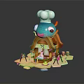 Cartoon Fish Shaped Building With Chef Hat Roof And Decorative Details