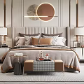 Elegant Modern Bedroom Interior With Upholstered Bed Round Mirrors Bedside Lamps And Area Rug