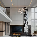 Modern Duplex Living Room Interior With Chandelier Fireplace And Art Mural