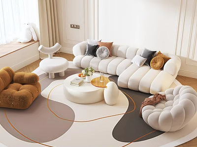 Modern Sofa And Coffee Table Set With Round Table Brown Armchair And Decorative Pillows 3d model