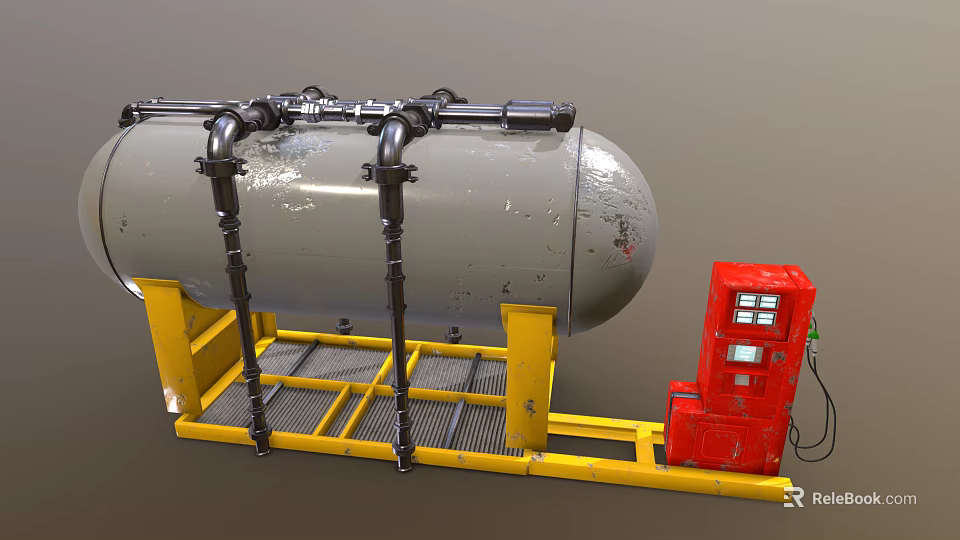 Gray Industrial Storage Tank With Black Pipes On Yellow Frame And Red Control Cabinet 3d model 