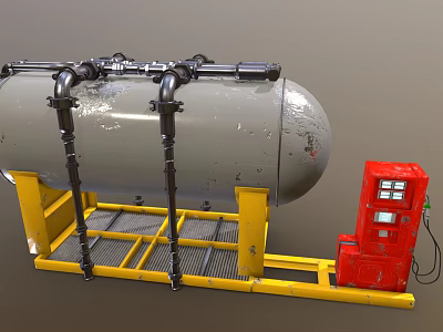 Gray Industrial Storage Tank With Black Pipes On Yellow Frame And Red Control Cabinet 3d model