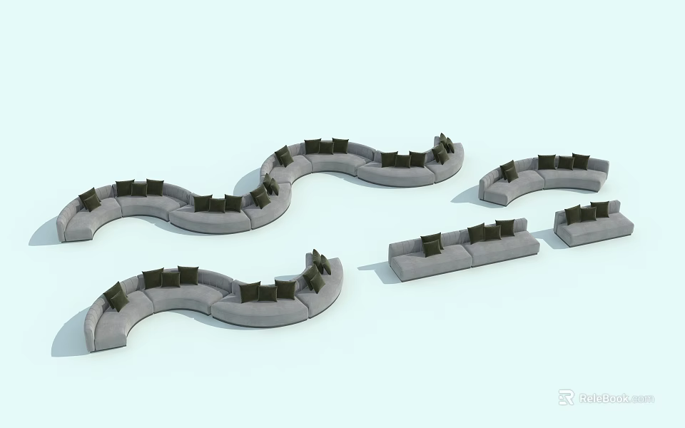 Modern Abstract Shaped Gray Sofas With Curved Design And Black Cushions 3d model