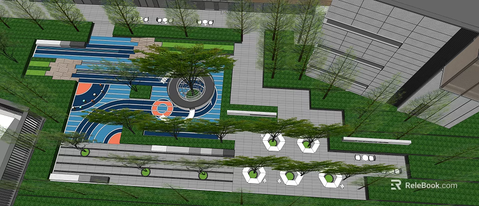 Outdoor Children's Play Area with Colorful Ground Circular Track Trees and Seating Areas 3d model 