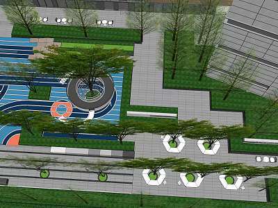 Outdoor Children's Play Area with Colorful Ground Circular Track Trees and Seating Areas 3d model
