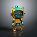 Yellow And Blue Robot With Large Eyes Headphones And Metallic Body Standing On Dark Background 3d model
