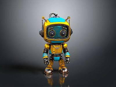 Yellow And Blue Robot With Large Eyes Headphones And Metallic Body Standing On Dark Background 3d model