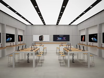 Bright Modern Digital Store Showroom With Electronics Display Tables Smartphones Laptops And Wall Screens 3d model