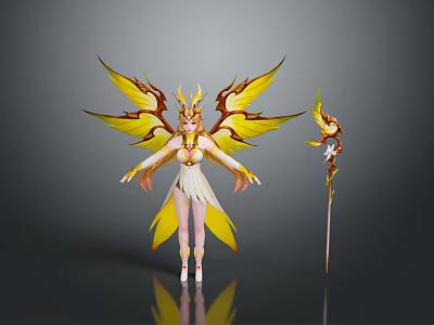 Woman With Golden Yellow Wings And Crown Holding Decorative Staff In White Dress 3d model