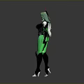 Futuristic Female Character With Green Hair And Crown Headpiece In Black Green Tight Suit