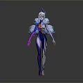 3D Rendered Fantasy Female Character with White Hair Blue Horn Purple Blue Outfit Red Decoration